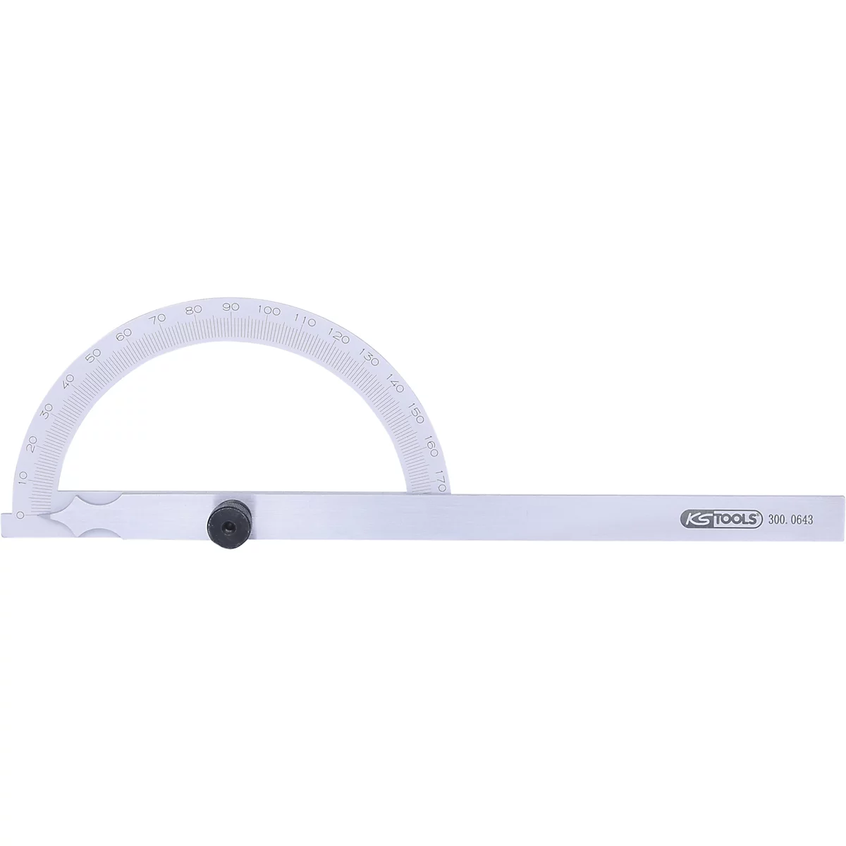 Ein weißes Winkelmesser aus Kunststoff und Metall. Auf der Skala sind die Winkel in Grad abgebildet.